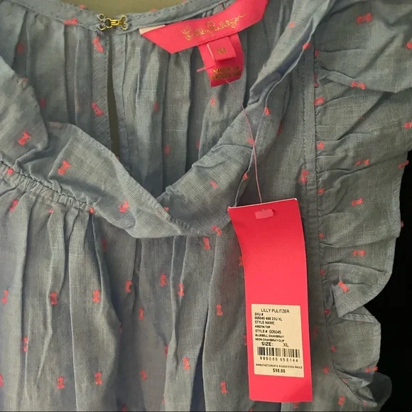 BNWT Lilly Pulitzer Kirsten Top. bluebell chambray/neon pink clip dot. Sz XL - Picture 2 of 5